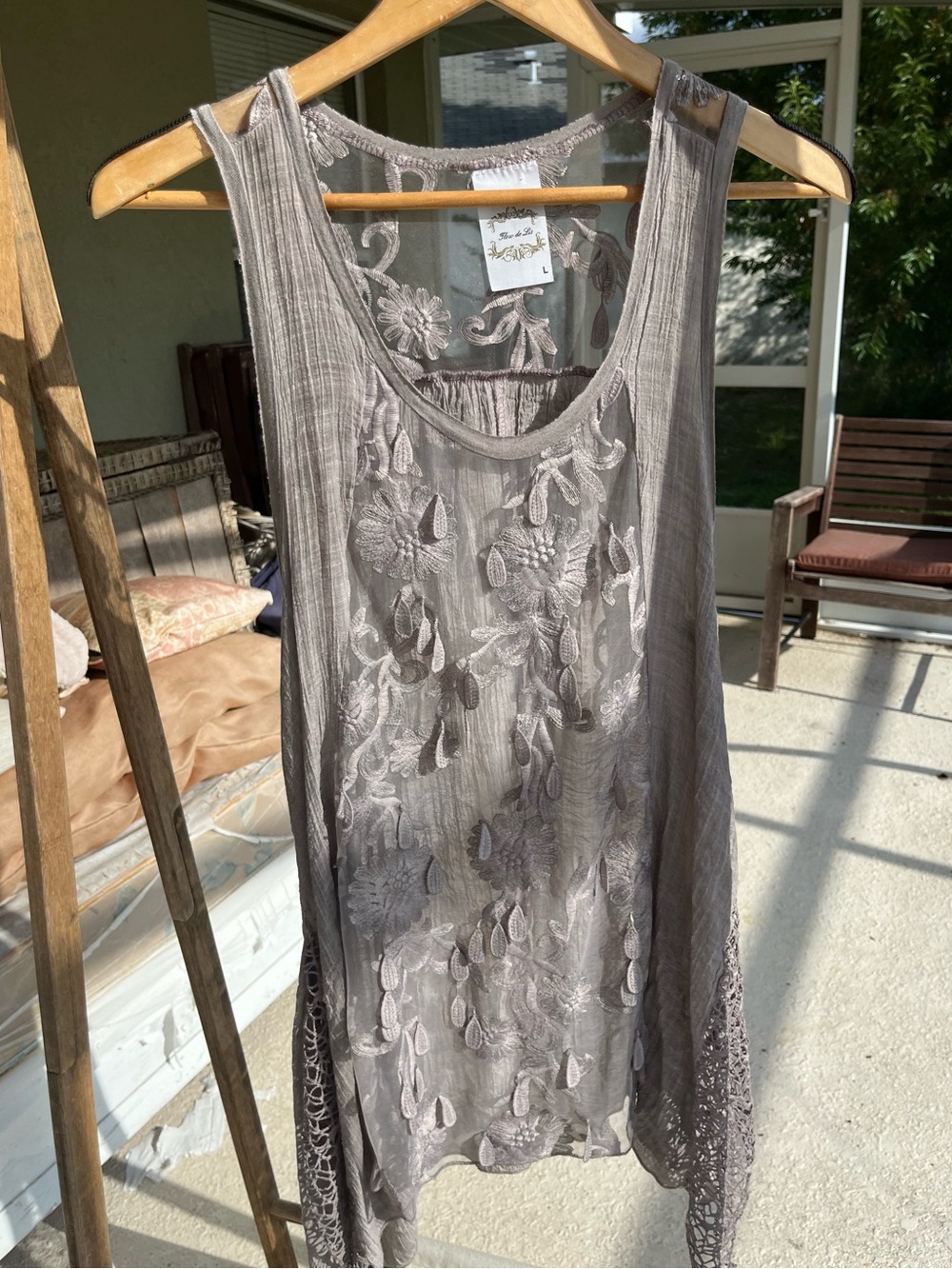sheer front appliqué asymmetrical purple top by flieur de lis